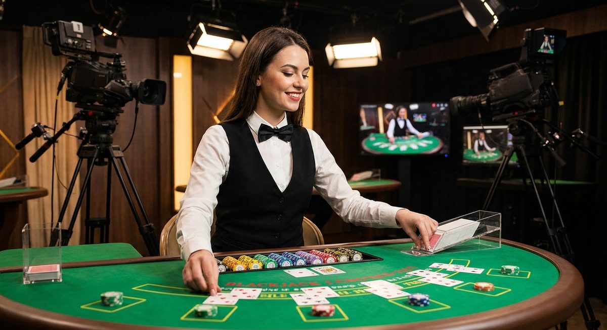 Live casino dealer at a professional blackjack table